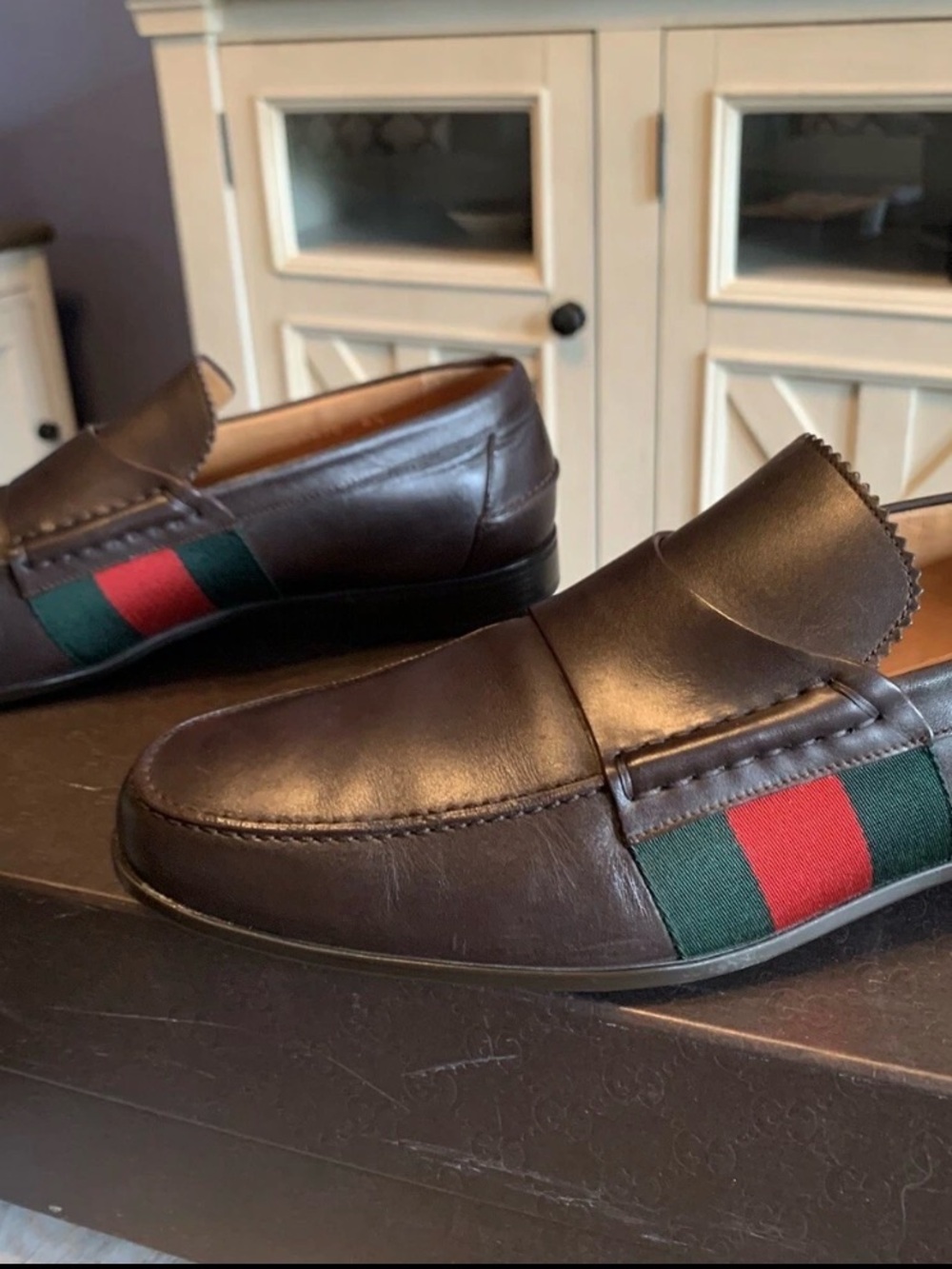 Gucci Brown Leather Loafers with Red & Green Web Stripe